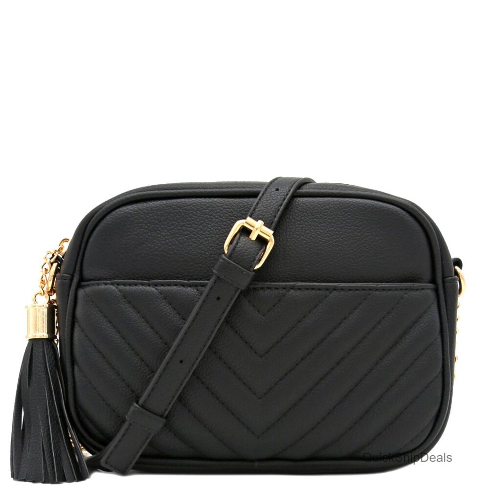 Quilted Crossbody Camera Bag with Chain Strap and Tassel